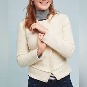Anthropologie Cream Tweed Knit Moto Zip Front Blazer Jacket size XS Ivory